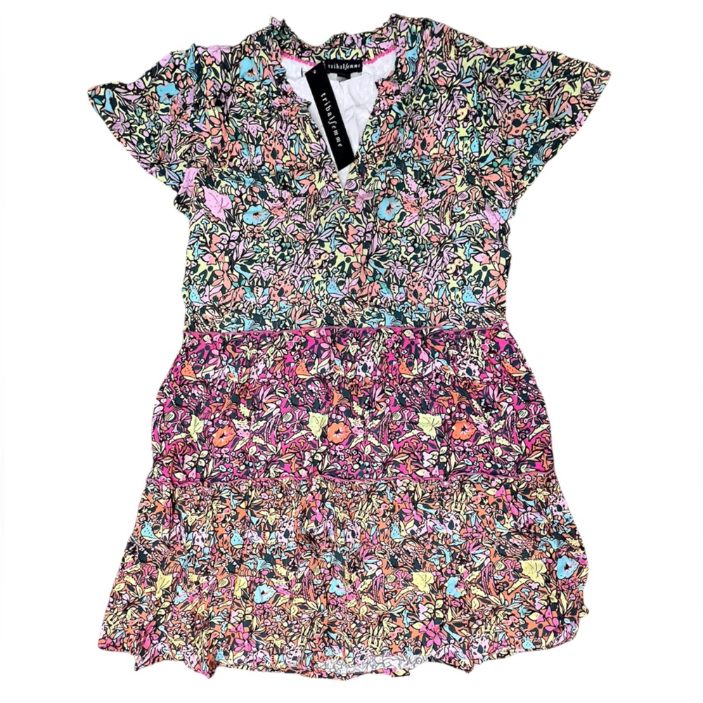 Tribal Femme NWT Women’s Tiered Mini Dress in Celadon Multicolor Floral